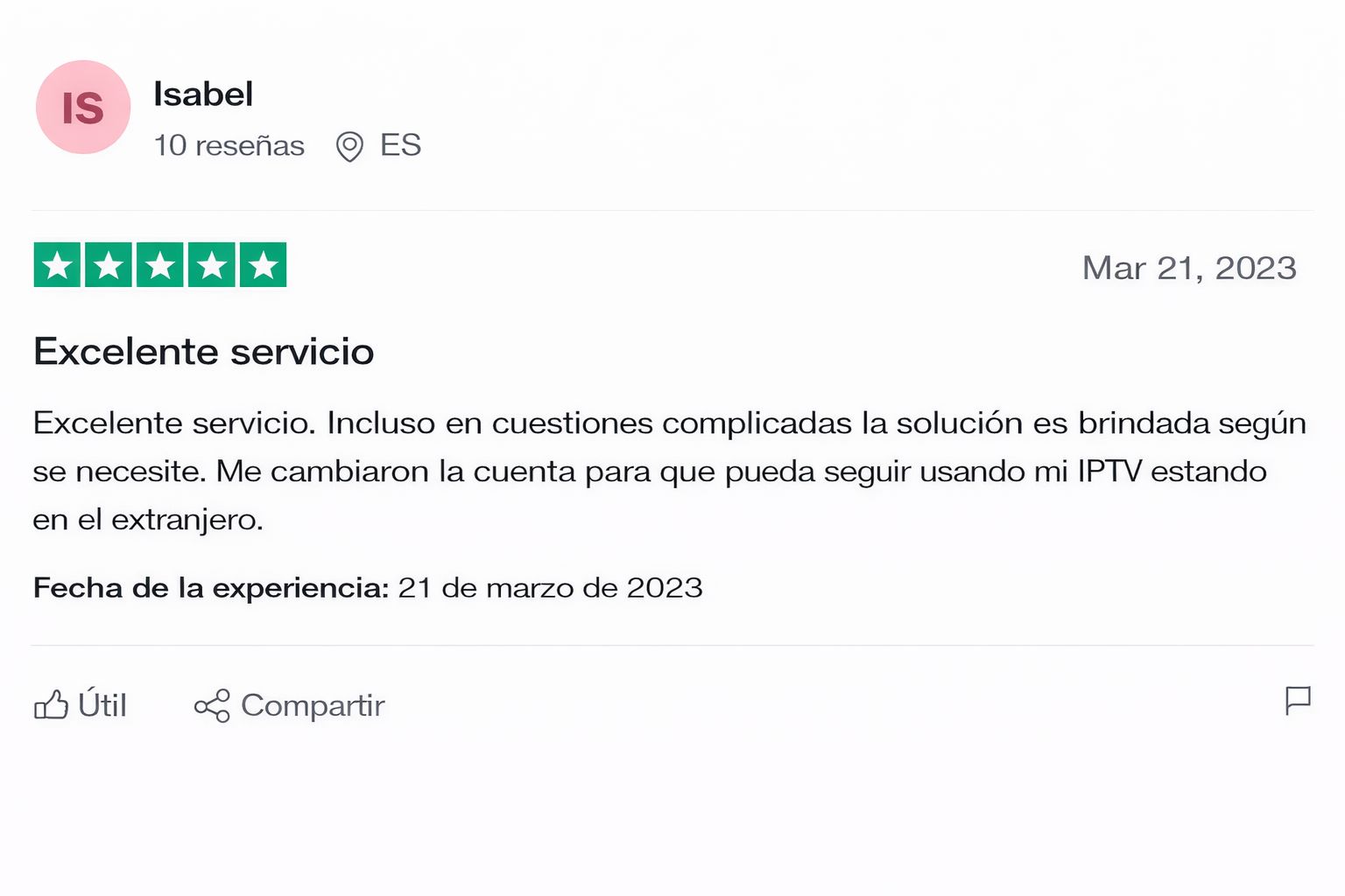 Reseña de Isabel sobre excelente servicio